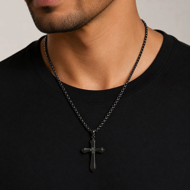 Cross Mens Black Cubic Zirconia Stainless Steel Cross 24 Inch Pendant Necklace