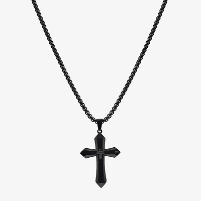 Cross Mens Black Cubic Zirconia Stainless Steel Cross 24 Inch Pendant Necklace