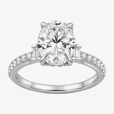 (F / Si2) Womens 2 1/4 CT. T.W. Lab Grown White Diamond 10K Gold Oval Side Stone Engagement Ring