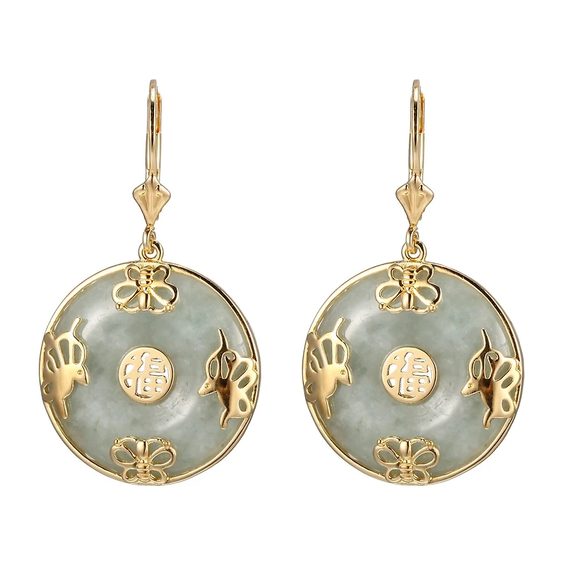 Womens Genuine Green Jade 18K Gold Over Silver Drop Earrings