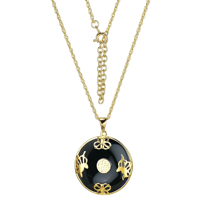 Womens Genuine Black Agate 18K Gold Over Silver 18 Inch Pendant Necklace
