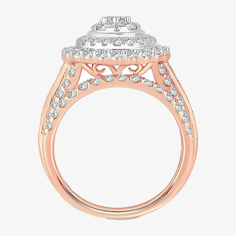 Womens 2 CT.T.W. Natural Diamond 10K or 14K Gold Pear Side Stone Halo Bridal Set