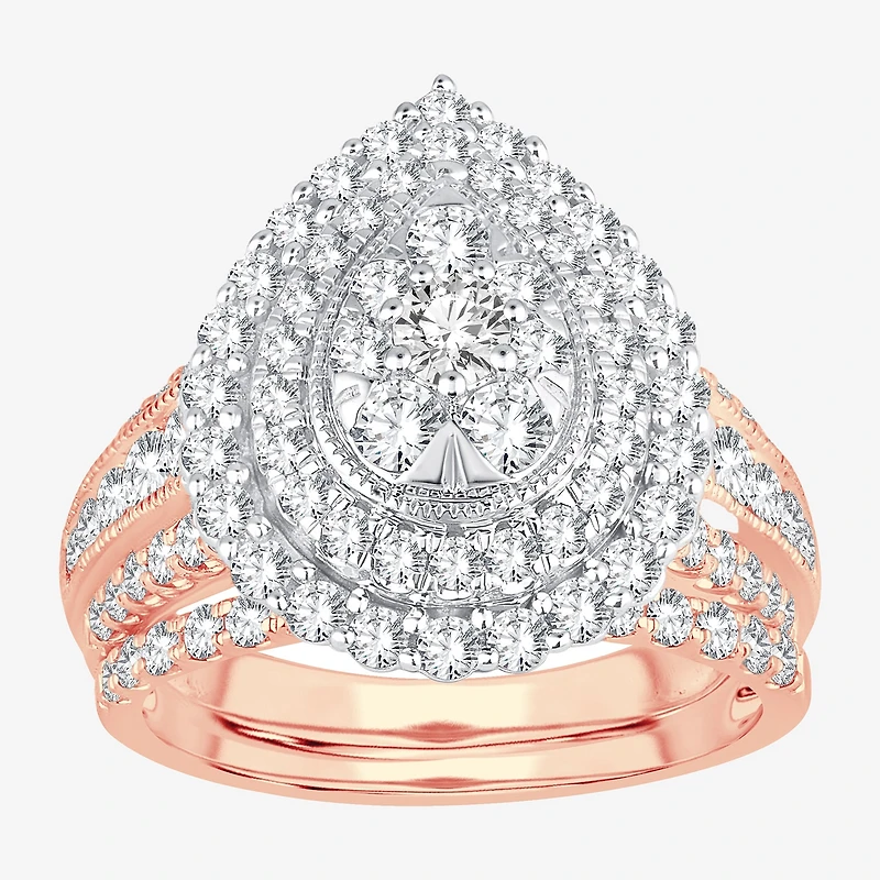 Womens 2 CT.T.W. Natural Diamond 10K or 14K Gold Pear Side Stone Halo Bridal Set