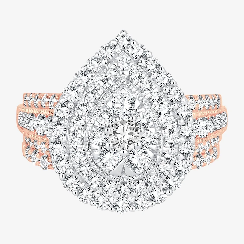 Womens 2 CT.T.W. Natural Diamond 10K or 14K Gold Pear Side Stone Halo Bridal Set