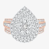 Womens 2 CT.T.W. Natural Diamond 10K or 14K Gold Pear Side Stone Halo Bridal Set