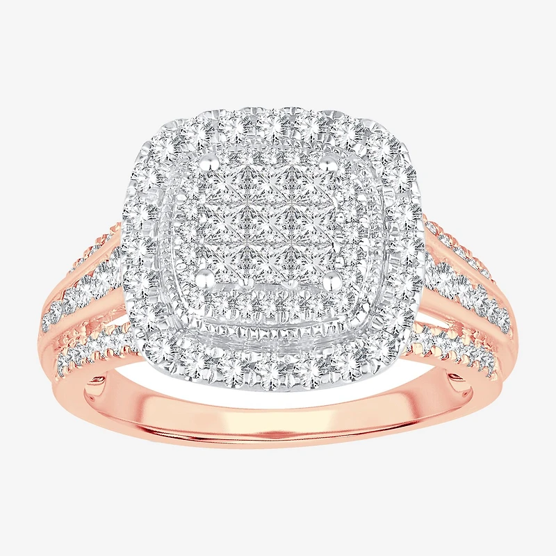 Womens 1 CT.T.W. Natural Diamond 10K or 14K Gold Cushion Side Stone Halo Engagement Ring