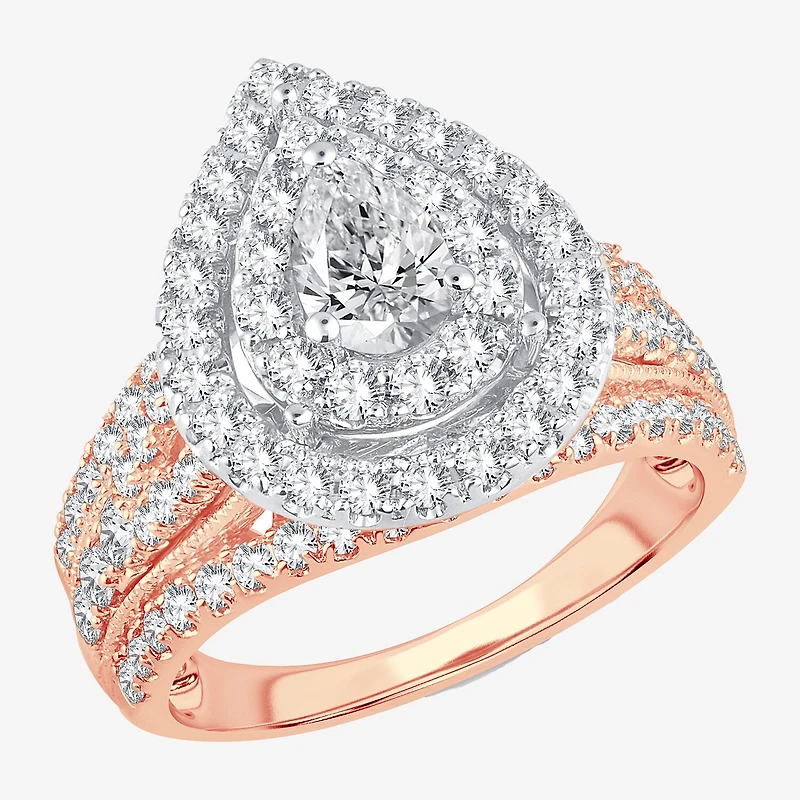 (H-I / SI1-SI2) Signature By Modern Bride Womens 2 CT. T.W. Lab Grown White Diamond 10K Gold Pear Side Stone Halo Engagement Ring
