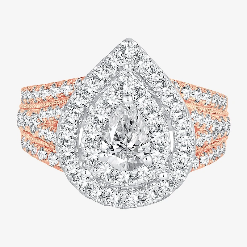 (H-I / SI1-SI2) Signature By Modern Bride Womens 2 CT. T.W. Lab Grown White Diamond 10K Gold Pear Side Stone Halo Engagement Ring