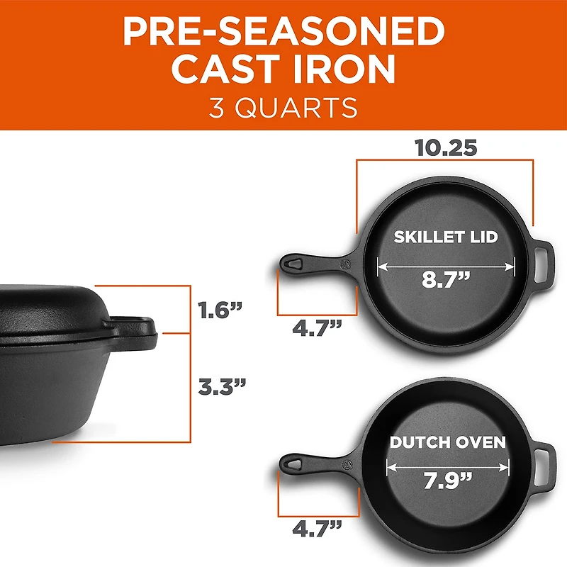 Commercial Chef With Skillet Lid 3 Qt Cast Iron Dutch Oven