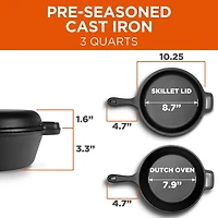Commercial Chef With Skillet Lid 3 Qt Cast Iron Dutch Oven