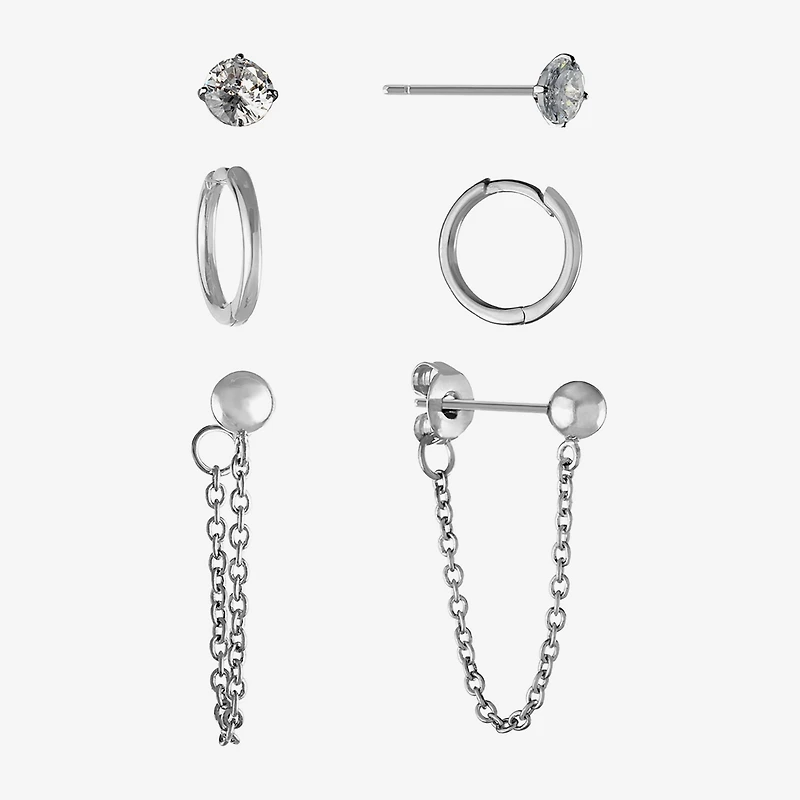 Silver Reflections Womens Cubic Zirconia 3 Pair Earring Set