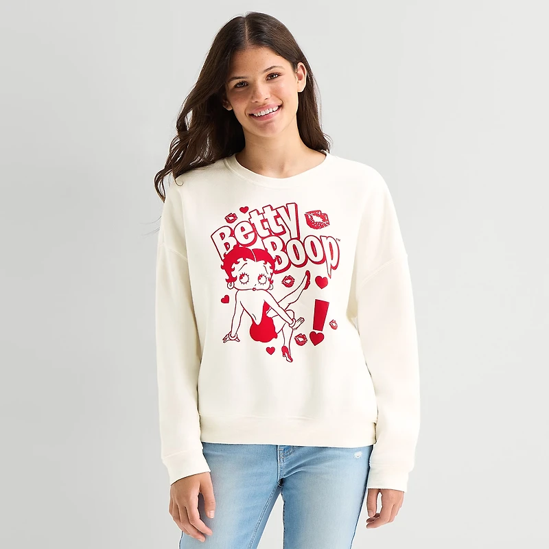 Fleece Womens Juniors Crew Neck Long Sleeve Betty Boop Sweatshirt