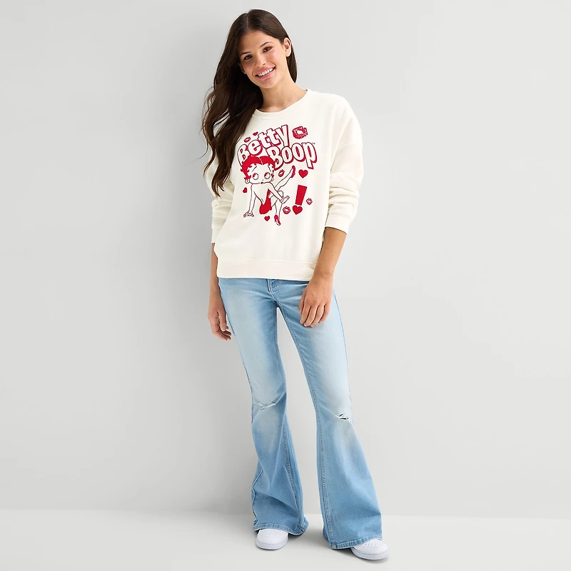 Fleece Womens Juniors Crew Neck Long Sleeve Betty Boop Sweatshirt