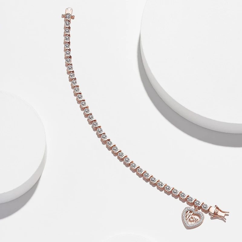 Sparkle Allure Mom Womens Natural Diamond Accent Pure Silver Over Bronze Heart 7.25 Inch Tennis Bracelet