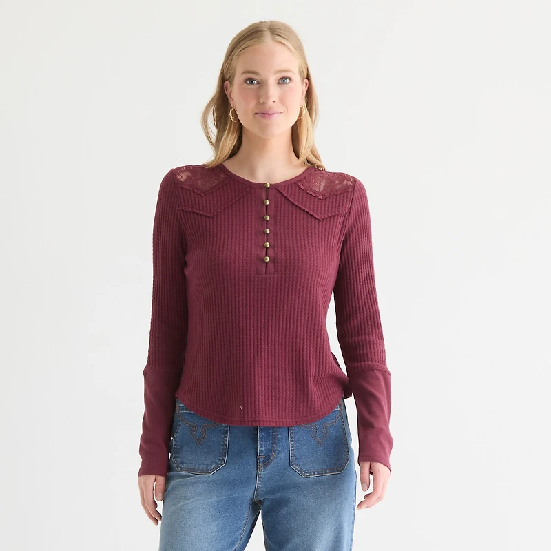 Ashley Graham Womens Long Sleeve Regular Fit Henley Shirt