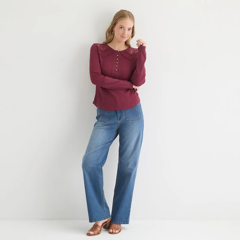 Ashley Graham Womens Long Sleeve Regular Fit Henley Shirt