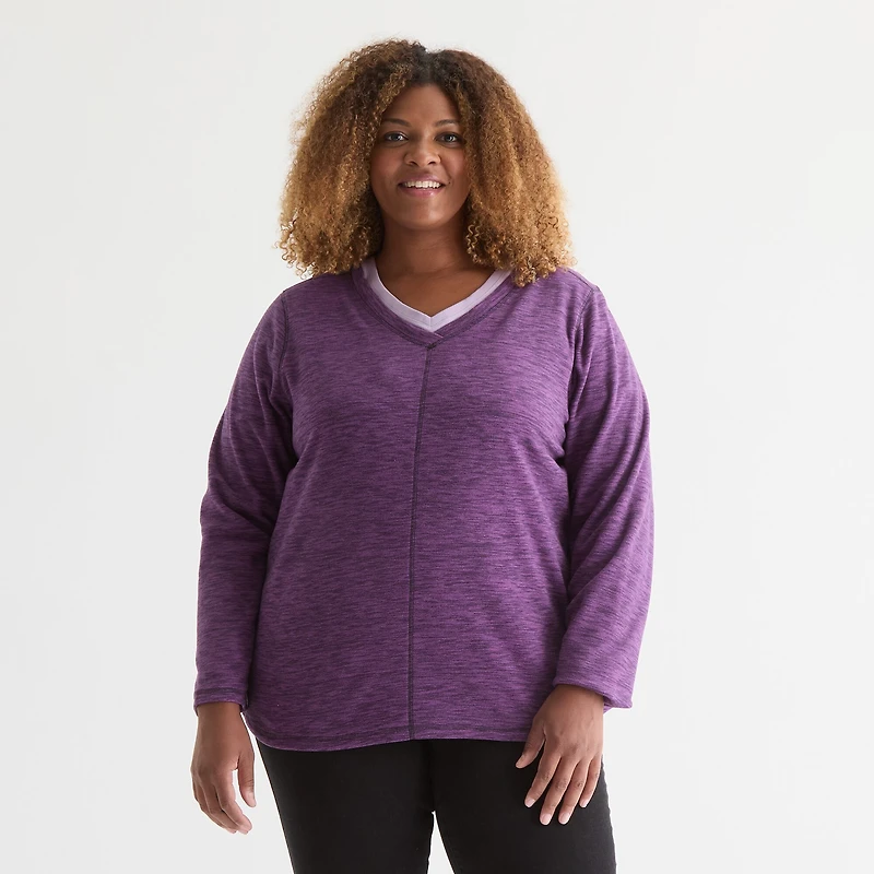 St. John's Bay Womens Polar Fleece V Neck Long Sleeve Plus Sweatshirt