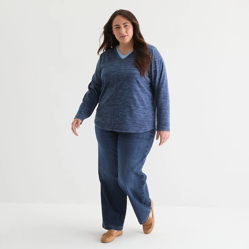 St. John's Bay Womens Polar Fleece V Neck Long Sleeve Plus Sweatshirt