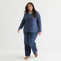 St. John's Bay Womens Polar Fleece V Neck Long Sleeve Plus Sweatshirt
