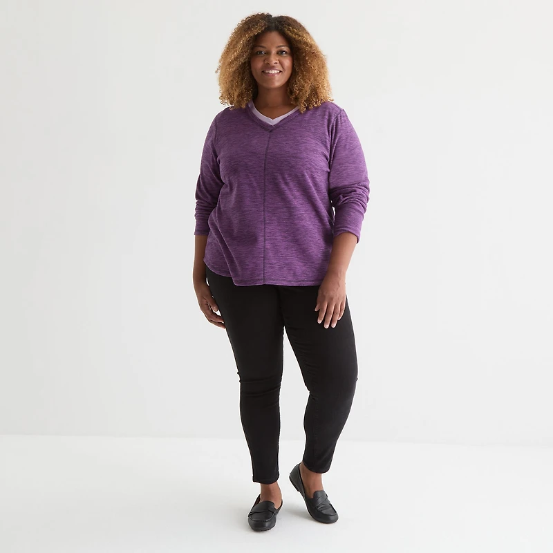 St. John's Bay Womens Polar Fleece V Neck Long Sleeve Plus Sweatshirt
