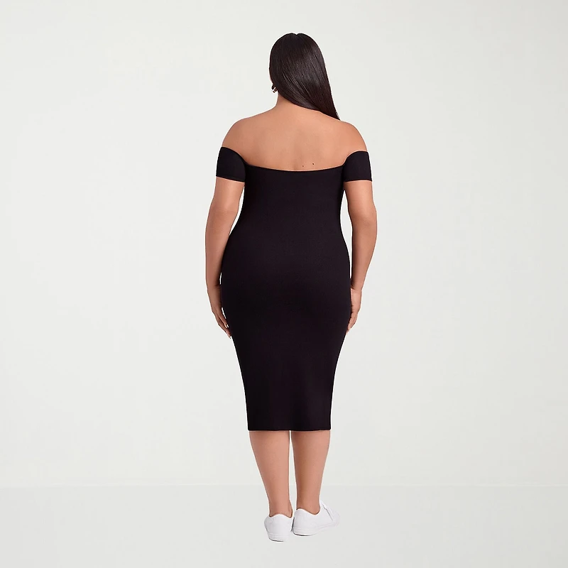 S3 Apparel Shapewear Womens Midi Short Sleeve Off the Shoulder Rib Knit Bodycon Dress