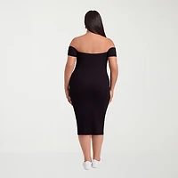 S3 Apparel Shapewear Womens Midi Short Sleeve Off the Shoulder Rib Knit Bodycon Dress