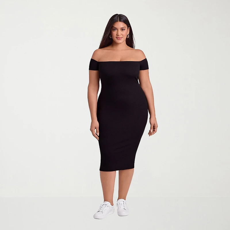 S3 Apparel Shapewear Womens Midi Short Sleeve Off the Shoulder Rib Knit Bodycon Dress