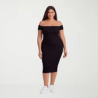 S3 Apparel Shapewear Womens Midi Short Sleeve Off the Shoulder Rib Knit Bodycon Dress
