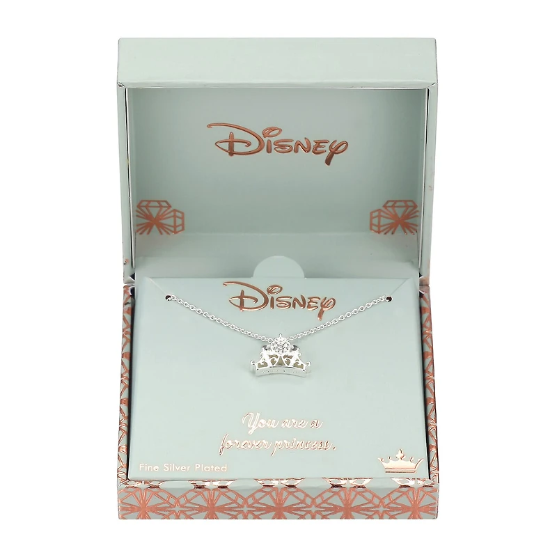 Disney Classics Womens Crystal Pure Silver Over Brass Crown 18 Inch Pendant Necklace
