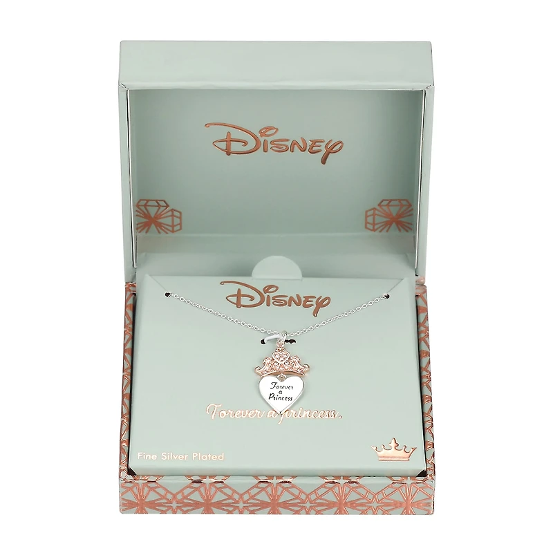 Disney Classics Womens Crystal Pure Silver Over Brass Crown Heart 18 Inch Pendant Necklace