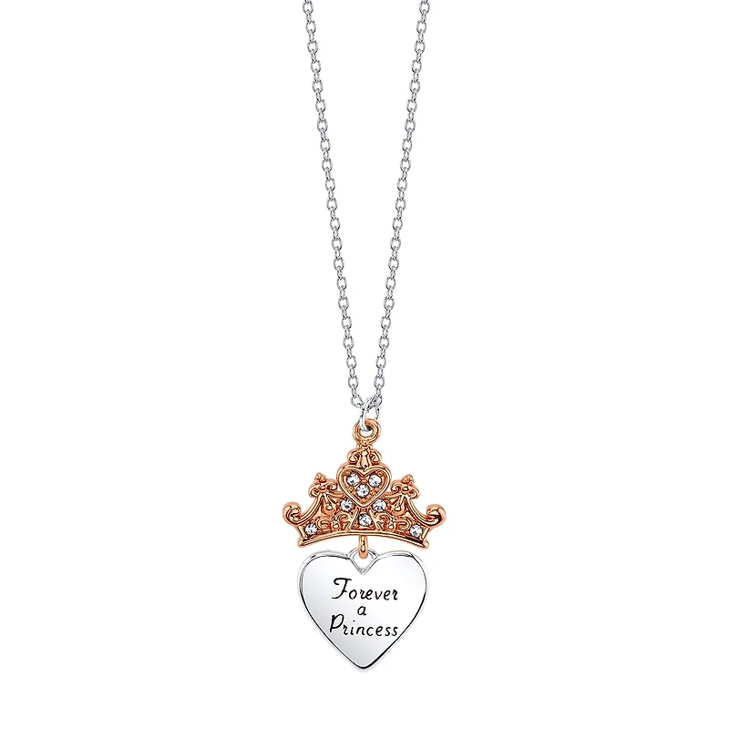Disney Classics Womens Crystal Pure Silver Over Brass Crown Heart 18 Inch Pendant Necklace