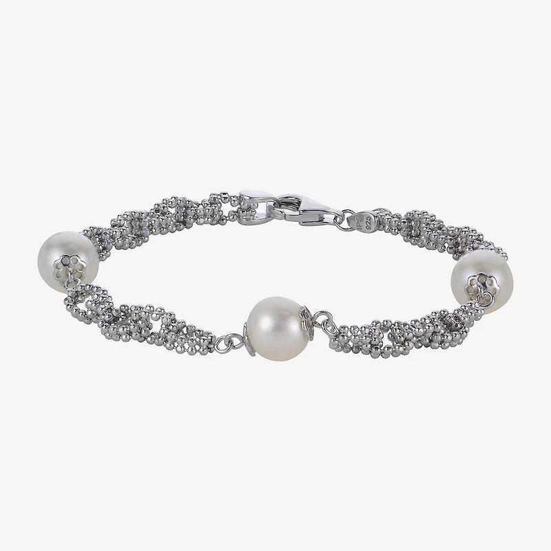 Cultured Freshwater Pearl Sterling Silver Station Chain Bracelet