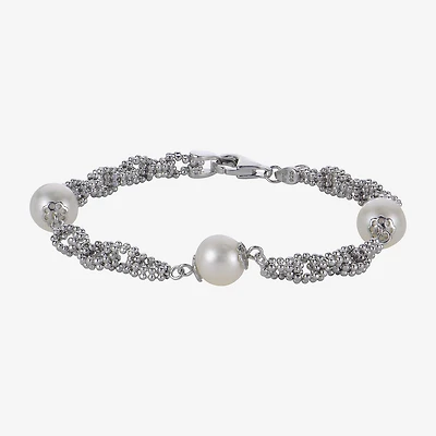 Cultured Freshwater Pearl Sterling Silver Station Chain Bracelet