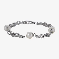 Cultured Freshwater Pearl Sterling Silver Station Chain Bracelet