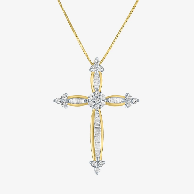 Diamond Blossom Womens 1/3 CT. T.W. Natural White Diamond 10K Gold Cross 18 Inch Pendant Necklace