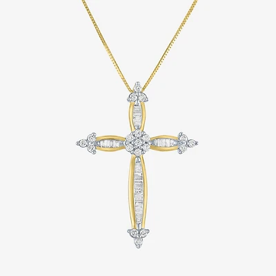 Diamond Blossom Womens 1/3 CT. T.W. Natural White Diamond 10K Gold Cross 18 Inch Pendant Necklace