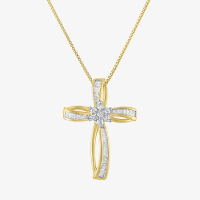 Diamond Blossom Womens 1/3 CT. T.W. Natural White Diamond 10K Gold Cross 18 Inch Pendant Necklace