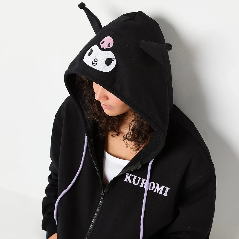 Womens Juniors Long Sleeve Kuromi Fleece Zipper Hoodie