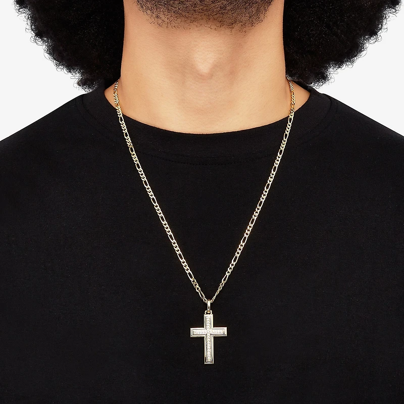 Mens White Cubic Zirconia 14K Gold Over Silver Cross 24 Inch Pendant Necklace
