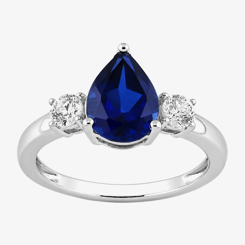 Womens Lab Created Blue Sapphire Sterling Silver Pear 3-Stone Cocktail Ring