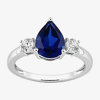 Womens Lab Created Blue Sapphire Sterling Silver Pear 3-Stone Cocktail Ring