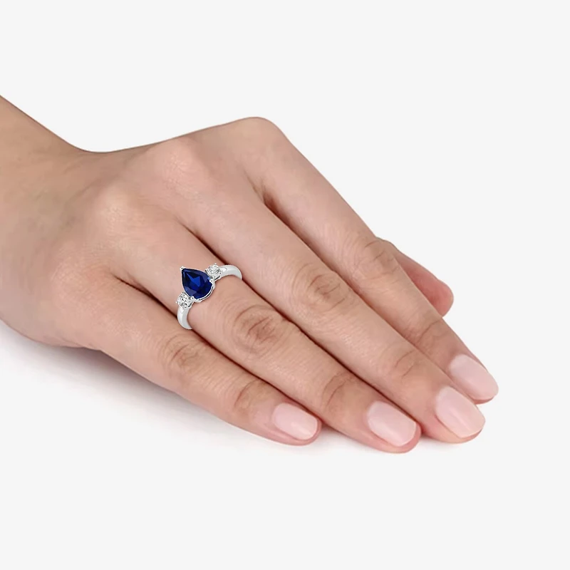 Womens Lab Created Blue Sapphire Sterling Silver Pear 3-Stone Cocktail Ring