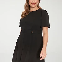 London Times Womens Plus Round Neck Short Sleeve Puffed Fit + Flare Dress