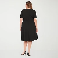London Times Womens Plus Round Neck Short Sleeve Puffed Fit + Flare Dress