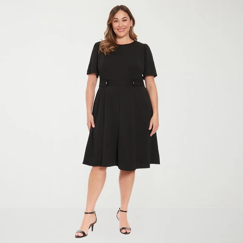 London Times Womens Plus Round Neck Short Sleeve Puffed Fit + Flare Dress