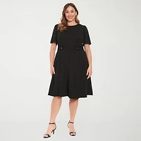 London Times Womens Plus Round Neck Short Sleeve Puffed Fit + Flare Dress