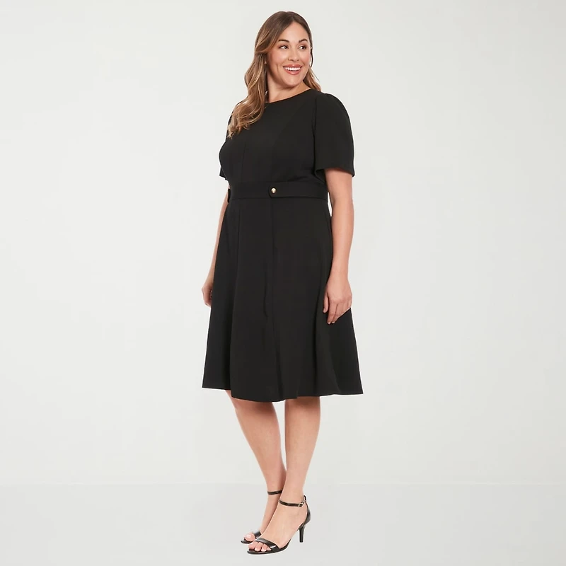 London Times Womens Plus Round Neck Short Sleeve Puffed Fit + Flare Dress
