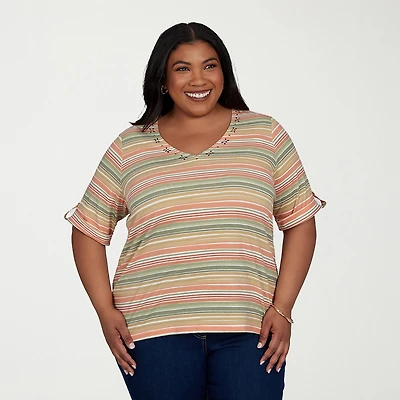 Hearts Of Palm Womens Plus V Neck Elbow Sleeve T-Shirt