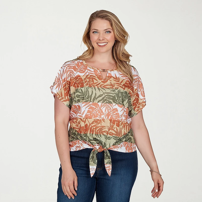 Hearts Of Palm Womens Plus Keyhole Neck Short Sleeve Embellished Blouse