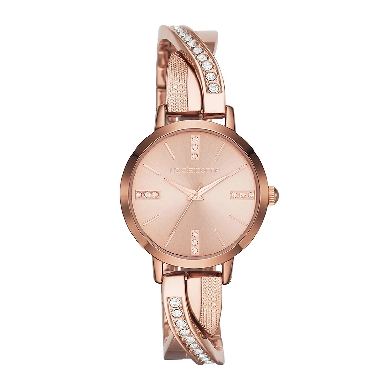 Liz Claiborne Womens Rose-Tone & Crystal-Accent Twisted Bangle Watch